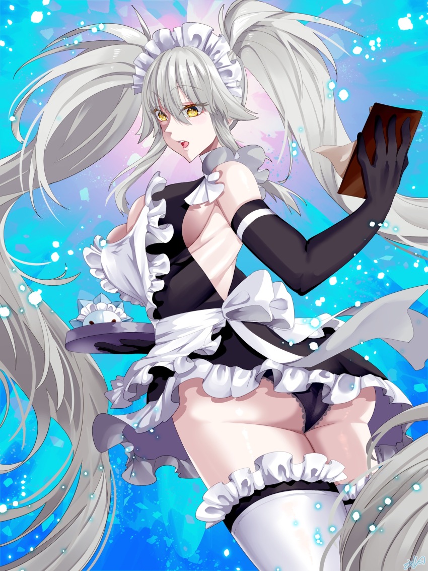 1girl apron ass backless_dress backless_outfit black_dress black_gloves black_panties breasts cleavage cleavage_cutout clothing_cutout creatures_(company) dress elbow_gloves fumizuki_kazuhito game_freak gen_8_pokemon gloves grey_hair highres holding holding_plate lace lace-trimmed_panties lace_trim large_breasts long_hair maid maid_apron nintendo open_mouth panties plate pokemon pokemon_(creature) snom solo thighhighs twintails underwear very_long_hair virtual_youtuber vshojo white_apron white_headdress white_thighhighs yellow_eyes zentreya zentreya_(cyborg)