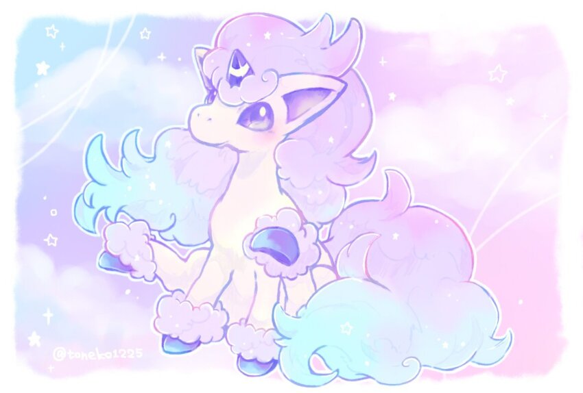animal_focus blush commentary_request galarian_form galarian_ponyta gen_8_pokemon multicolored_hair nintendo no_humans pink_eyes pokemon pokemon_(creature) sitting solo star_(symbol) toneko twitter_username two-tone_hair unicorn