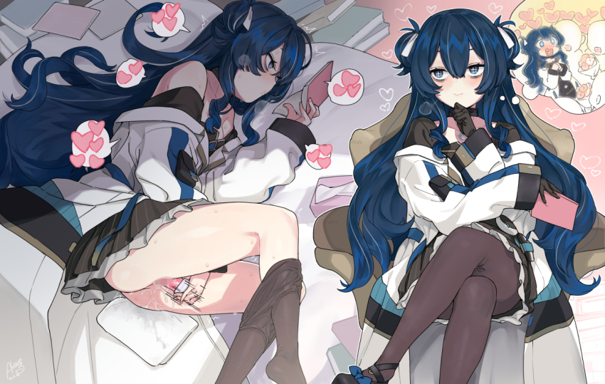 +_+ 1girl aallotar_(ac8231) black_pantyhose blue_eyes blue_hair blush book commission female_masturbation heart holding holding_book lab_coat long_hair long_sleeves masturbation open_book original pantyhose reading rkrk sex_toy skeb_commission skirt