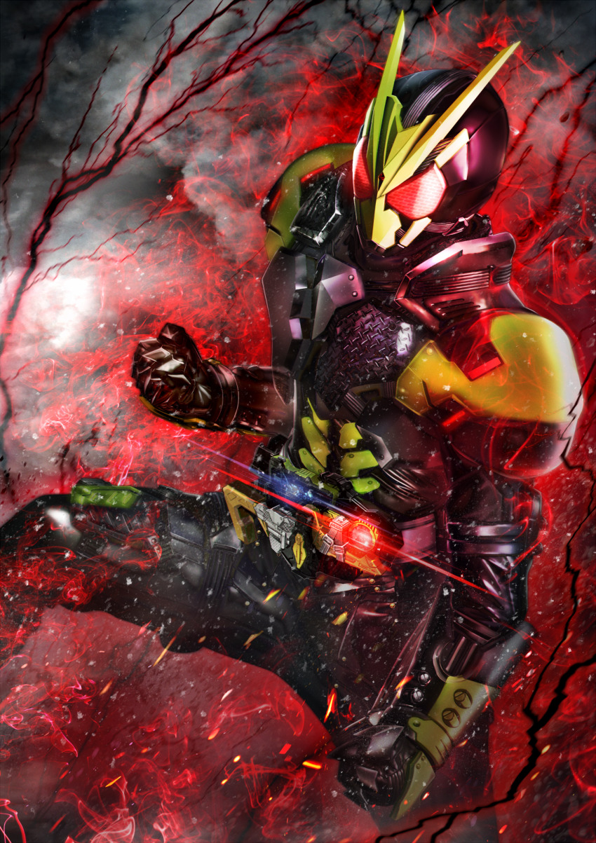 1boy adapted_costume alternate_costume alternate_universe armor black_armor black_footwear bodysuit boots bug clenched_hand commentary_request electricity fighting_stance forceriser grasshopper green_armor highres insect kamen_rider kamen_rider:_reiwa_the_first_generation kamen_rider_01_(series) kamen_rider_zero-one kamen_rider_zerozero_one lightning mask masukudo_(hamamoto_hikaru) progrise_key rising_hopper tokusatsu