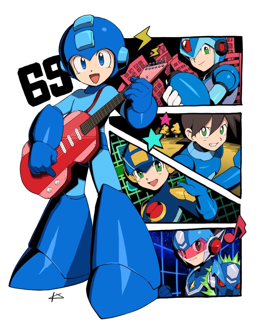 5boys arm_cannon armor artist_name assault_visor blue_armor blue_bodysuit blue_eyes blue_helmet bodysuit brown_hair electric_guitar forehead_jewel full_body geo_stelar_(mega_man) green_eyes guitar helmet highres holding holding_guitar holding_instrument in-franchise_crossover instrument karen_(karenoni1031) male_focus mega_man_(character) mega_man_(classic) mega_man_(series) mega_man_battle_network_(series) mega_man_day mega_man_legends_(series) mega_man_star_force_(series) mega_man_volnutt mega_man_x_(series) megaman.exe multiple_boys musical_note name_connection number_pun omega-xis_(mega_man) red-tinted_eyewear star_(symbol) star_force_mega_man tinted_eyewear upper_body v weapon x_(mega_man)