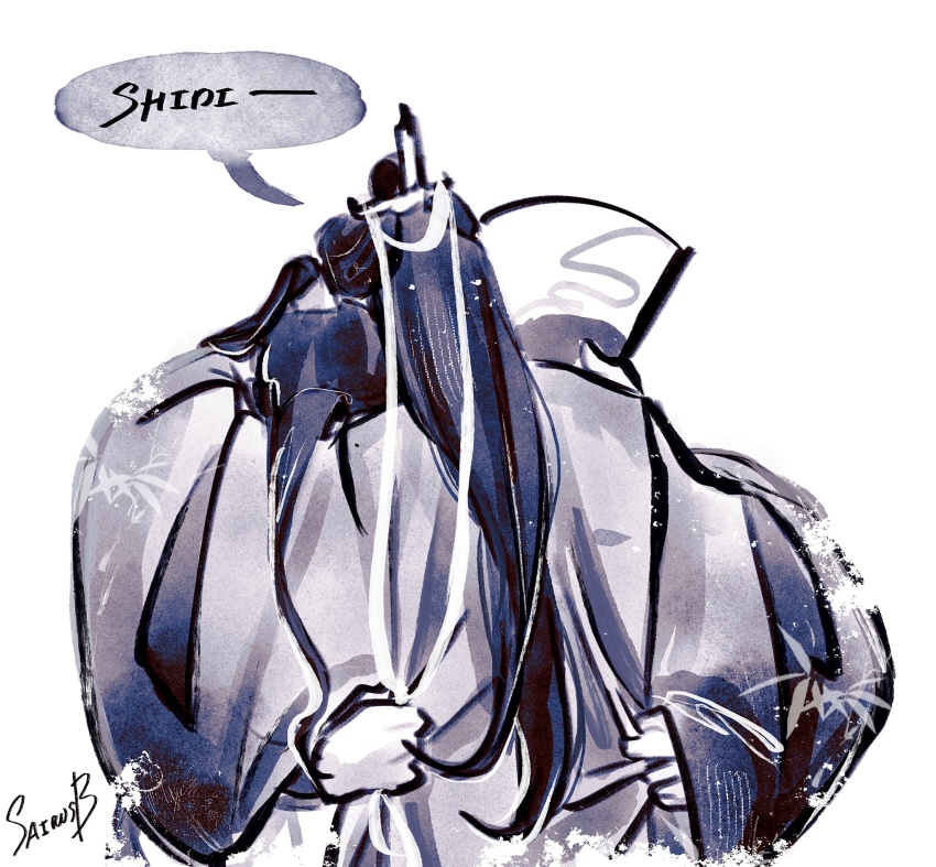 artist_name asymmetrical_bangs black_hair chinese_clothes commentary english_commentary folding_fan from_behind hand_fan hanfu head_on_another&#039;s_shoulder high_ponytail highres holding holding_fan hug liu_qingge long_hair long_sleeves male_focus monochrome painterly pinyin_text ponytail renzha_fanpai_zijiu_xitong ribbon ribboned_xiao_guan sairusb shen_qingqiu signature simple_background speech_bubble upper_body watercolor_effect white_background white_ribbon wide_sleeves xiao_guan_(headdress) yaoi