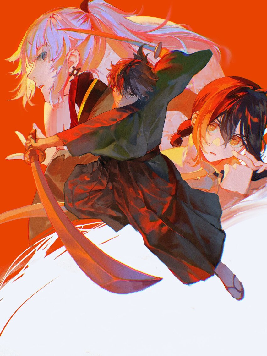 1boy 1girl 1other ahoge black_hair black_hakama blue_eyes braid collared_bodysuit daeraeband dual_wielding earrings fate/grand_order fate/samurai_remnant fate_(series) full_moon green_haori green_kimono hair_intakes hakama haori high_ponytail highres holding holding_sword holding_weapon japanese_clothes jewelry katana kimono kishimen_hair long_hair miyamoto_iori_(fate) moon orange_eyes ponytail red_theme sidelocks single_braid sword tassel tassel_earrings topknot waraji weapon white_hair yamato_takeru_(fate) yui_shousetsu_(fate)
