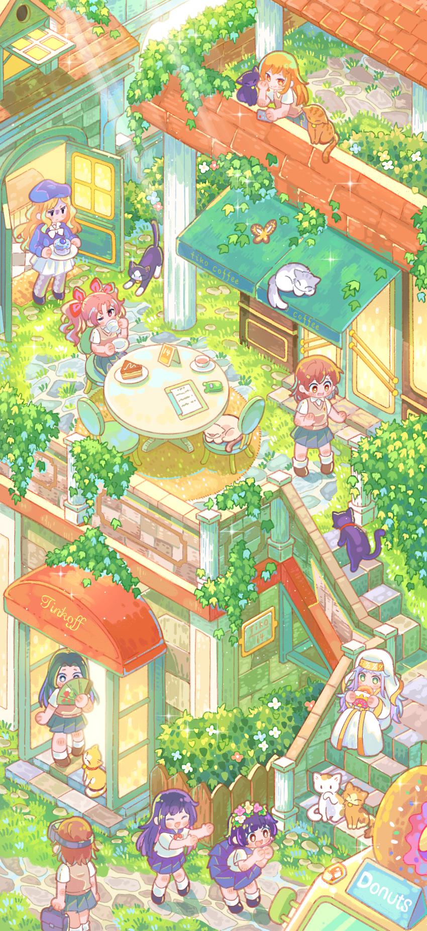 :d absurdres beret black_hair blonde_hair blue_eyes blue_hat blue_sailor_collar blue_skirt bow brown_eyes brown_footwear brown_hair brown_sweater_vest bug butterfly cafe cake cake_slice cat clothes_lift collared_shirt commentary_request controller cup donut drinking flower_wreath folding_fan food frenda_seivelun green_eyes grey_hair grey_skirt habit hair_bow hand_fan hat head-mounted_display head_wreath highres holding holding_cup holding_fan holding_remote_control index_(toaru_majutsu_no_index) index_7665 insect kongou_mitsuko lifting_another&#039;s_clothes loafers long_hair medium_hair miniskirt misaka_imouto misaka_mikoto neckerchief nun open_mouth outdoors phone pleated_skirt red_bow red_neckerchief remote_control robe round_table sailor_collar sakugawa_school_uniform saten_ruiko school_emblem school_uniform serafuku shirai_kuroko shirt shoes shokuhou_misaki short_sleeves skirt skirt_flip skirt_lift smile sphinx_(toaru_majutsu_no_index) star-shaped_pupils star_(symbol) summer_uniform sweater_vest symbol-shaped_pupils table teacup toaru_kagaku_no_railgun toaru_majutsu_no_index tokiwadai_school_uniform twintails uiharu_kazari white_robe white_shirt yellow_eyes