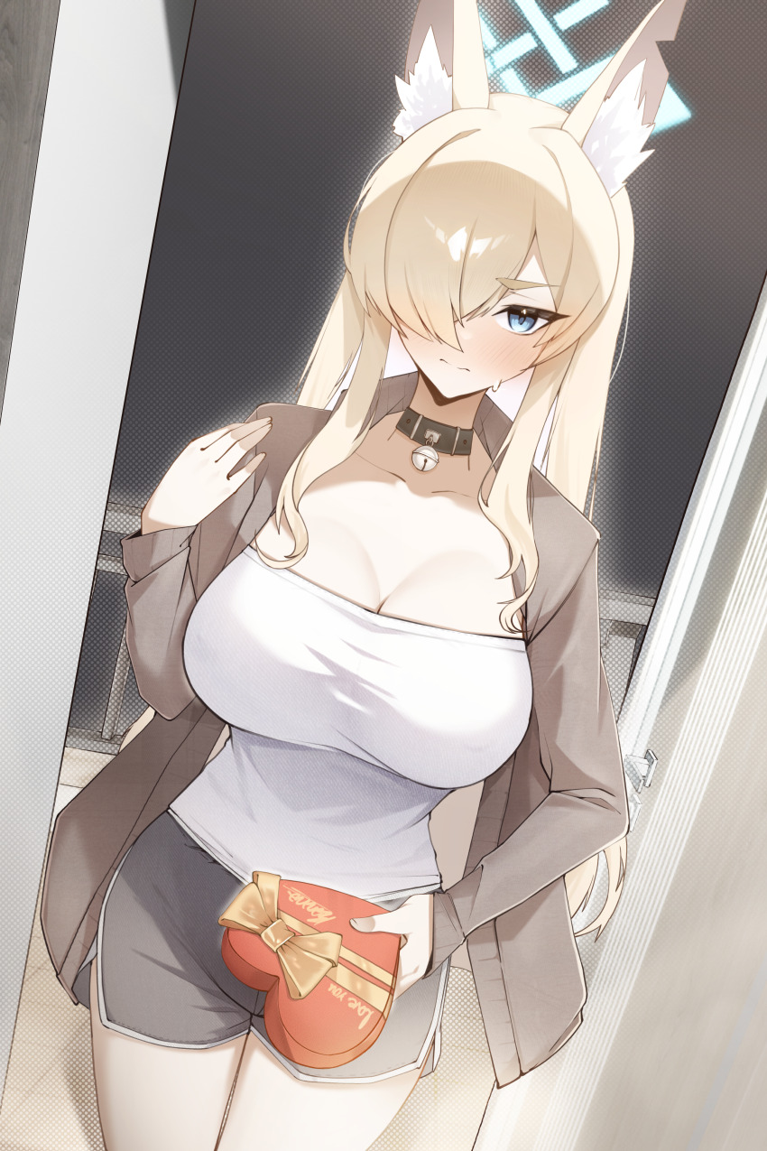 1girl absurdres alternate_costume animal_ear_fluff animal_ears blue_archive blue_halo breasts dog_ears dog_girl extra_ears gift hair_over_one_eye halo highres holding holding_gift kanna_(blue_archive) large_breasts micasa_tto notched_ear solo