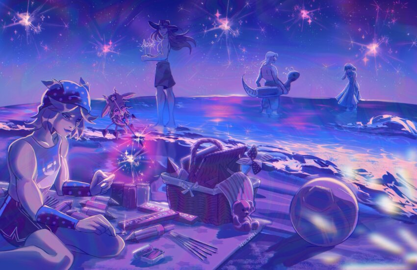1girl 1other 3boys adapted_costume beach beanie beard commentary cowboy_hat diego_brando dinosaur_tail dress facial_hair fireworks goggles goggles_on_headwear gyro_zeppeli hat highres holding holding_fireworks holding_swim_ring hot_pants_(sbr) innertube johnny_joestar jojo_no_kimyou_na_bouken long_hair male_focus male_swimwear medium_hair multiple_boys night night_sky nolvini ocean outdoors picnic_basket purple_theme scary_monsters_(stand) short_hair shorts sky solo sparkler stand_(jojo) standing star_(sky) star_(symbol) star_print starry_sky steel_ball_(jojo) steel_ball_run stuffed_animal stuffed_toy swim_ring tail tank_top teddy_bear topless_male tusk_(stand) tusk_act1 wading water wristband