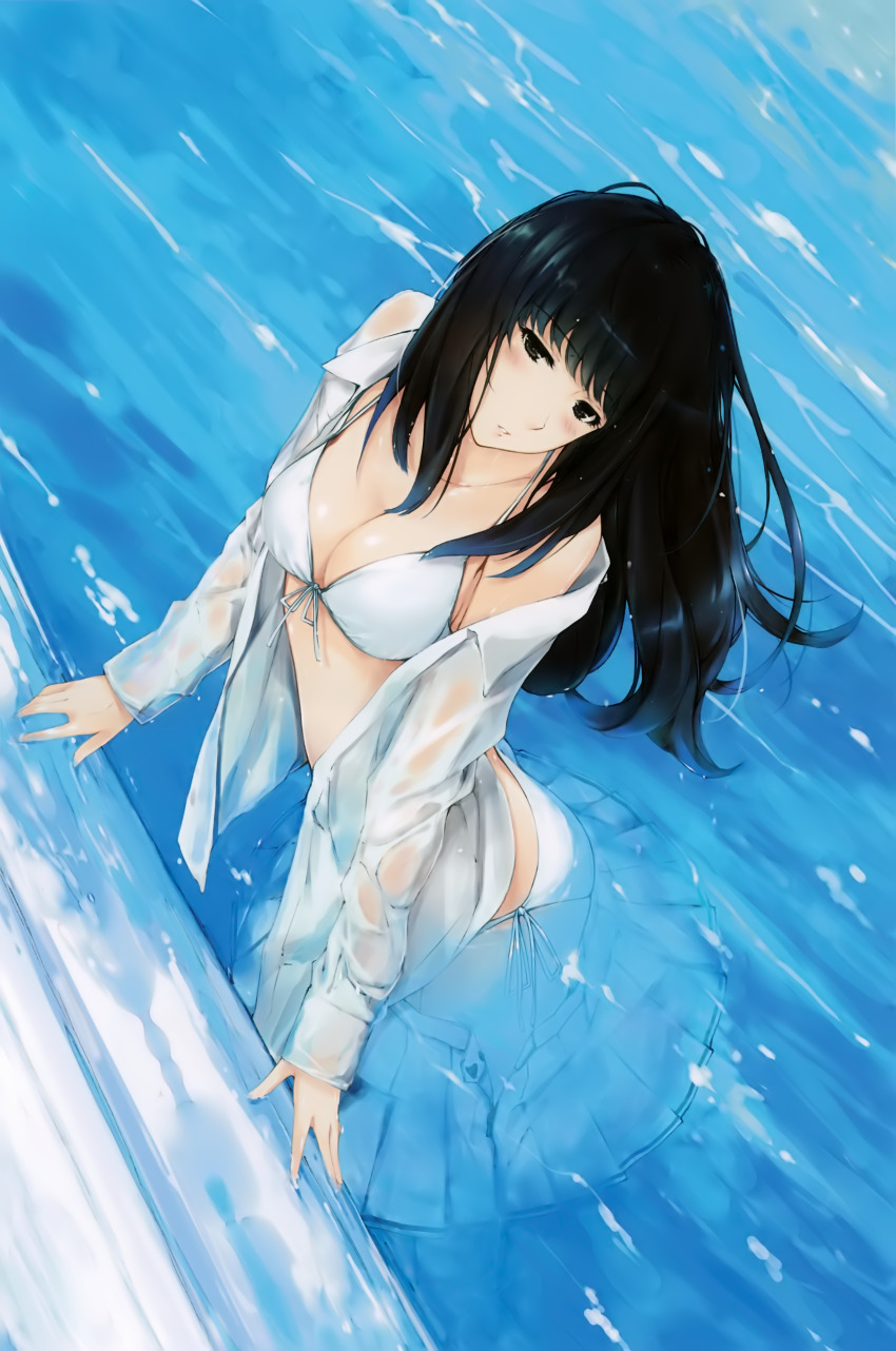 1girl absurdres bikini black_eyes black_hair blush breasts cleavage collarbone front-tie_top highres innocent_grey kara_no_shoujo kuchiki_touko long_hair looking_at_viewer medium_breasts open_clothes open_shirt partially_submerged scan school_uniform see-through_clothes shirt side-tie_bikini_bottom skirt solo sugina_miki swimsuit water wet wet_clothes wet_shirt white_bikini white_shirt
