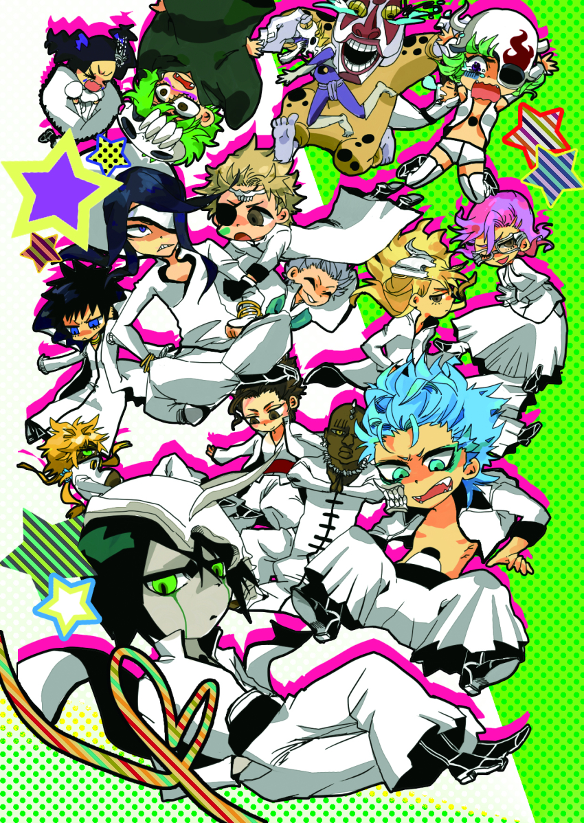 aaroniero_arruruerie aizen_sousuke arrancar bald black_hair bleach blonde_hair brown_hair cirucci_sanderwicci coyote_starrk dark_skin dondochakka_birstanne glasses green_hair grimmjow_jaegerjaquez highres ichimaru_gin lilynette_gingerbuck long_hair nelliel_tu_odelschwanck nnoitra_gilga pesche_guatiche pink_hair rasse short_hair szayelaporro_granz tesra_lindocruz tier_harribel ulquiorra_cifer yylfordt_granz zommari_rureaux