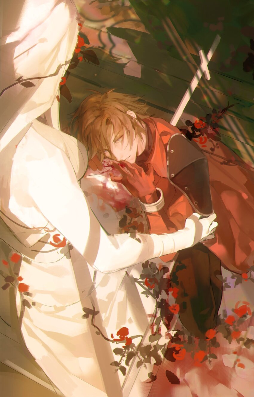 1boy black_pants blood blue_eyes brown_hair coat crisis_core_final_fantasy_vii cross final_fantasy final_fantasy_vii flower forrbyshin from_above full_body genesis_rhapsodos gloves hair_between_eyes hashtag-only_commentary highres long_sleeves male_focus pants parted_lips red_coat red_flower red_gloves red_rose rose short_hair shoulder_pads solo statue sweater turtleneck turtleneck_sweater