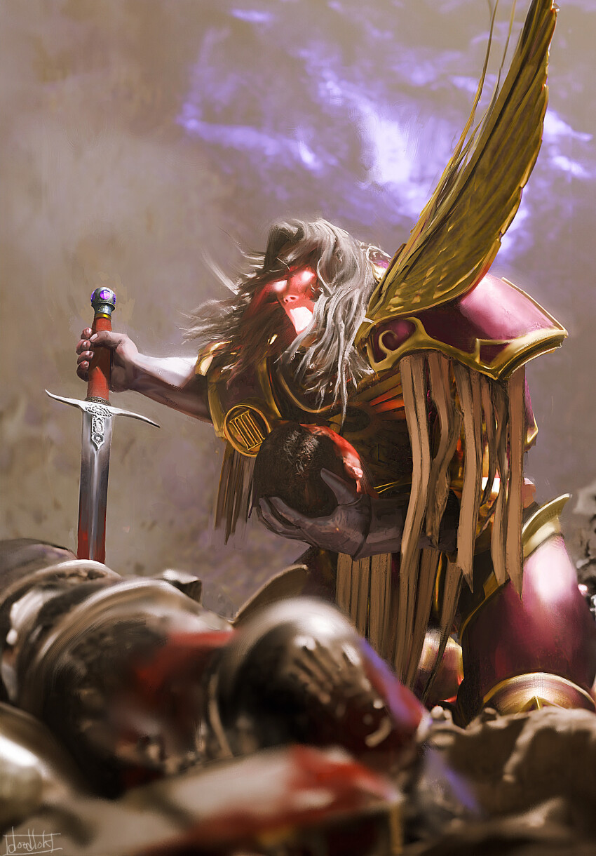 2boys absurdres armor artist_name black_hair blood blood_on_armor blood_on_face bloody_weapon blurry blurry_foreground brothers brush_stroke commentary corpse death doodlok emperor&#039;s_children english_commentary ferrus_manus fulgrim gem gloves glowing glowing_eyes glowing_mouth gold_armor grey_armor grey_background hand_ornament highres holding holding_detached_head holding_sword holding_weapon imperial_aquila iron_hands_(warhammer) kneeling male_focus multiple_boys open_mouth ornate_armor ornate_weapon pauldrons pelvic_curtain phoenix_print planted planted_sword planted_weapon power_armor primarch purple_armor purple_gemstone ribbon roman_numeral screaming severed_head shoulder_armor siblings signature single_glove sword warhammer_40k weapon white_hair