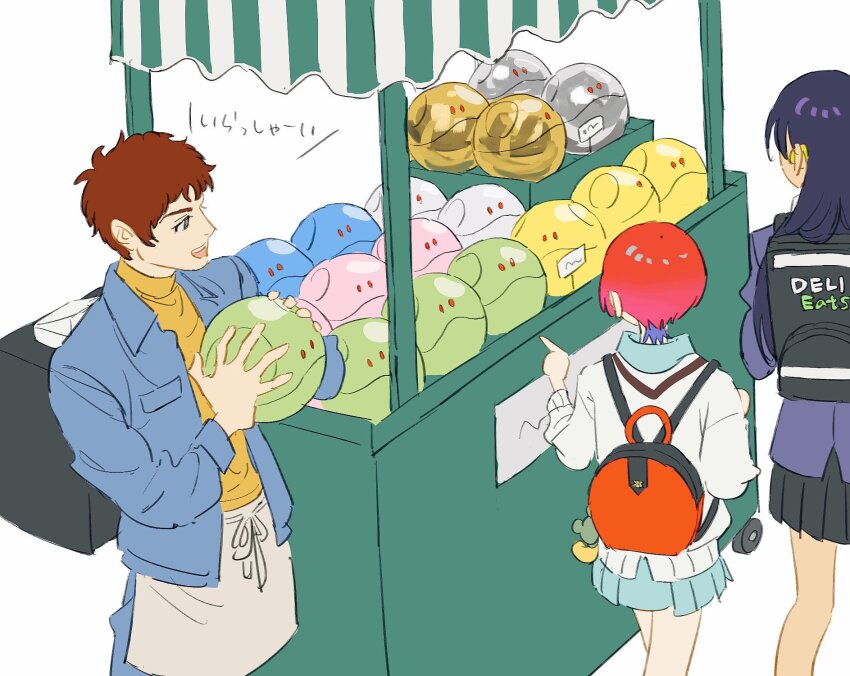 1boy 2girls amate_yuzuriha amuro_ray aqua_shirt aqua_skirt bag black_hair brown_hair collared_shirt gundam gundam_gquuuuuux haro highres holding jacket long_hair long_sleeves mecha mobile_suit_gundam multiple_girls nyaan_(gundam_gquuuuuux) open_mouth red_hair robot school_bag school_uniform science_fiction shirt shop short_hair skirt smile sweater tkrkve43