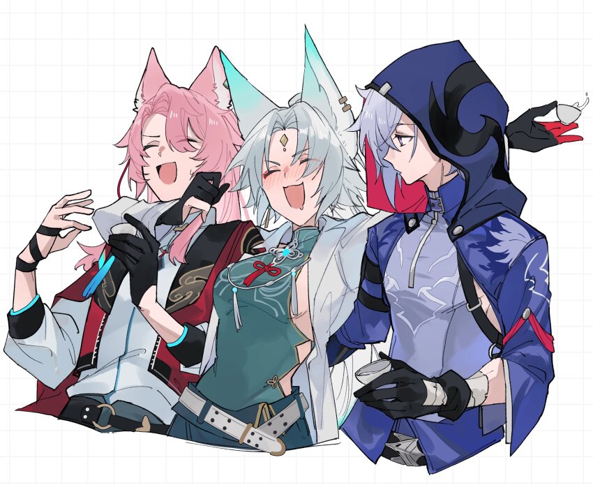 1girl 2boys absurdres alcohol animal_ear_fluff animal_ears aqua_hair aqua_shirt arm_ribbon bandaged_hand bandages belt black_belt black_collar black_gloves blue_jacket blush breasts checkered_background chinese_clothes closed_eyes coat collar cup drunk earclip eyeshadow feixiao_(honkai:_star_rail) forehead_jewel fox_boy fox_ears fox_girl gloves gradient_hair grey_hair hair_between_eyes hands_up high_ponytail highres holding holding_cup honkai:_star_rail honkai_(series) hood hooded_jacket jacket jewelry jiaoqiu_(honkai:_star_rail) lapels large_breasts long_hair long_sleeves looking_at_another makeup moze_(honkai:_star_rail) multicolored_hair multiple_boys necklace open_clothes open_coat open_jacket open_mouth pink_hair ponytail puffy_long_sleeves puffy_sleeves purple_eyes purple_shirt red_eyeshadow red_ribbon red_shrug ribbon sake shirt short_hair shrug_(clothing) sidelocks simple_background single_glove sleeveless sleeveless_shirt smile sweatdrop tangzhuang tassel upper_body v-shaped_eyebrows white_background white_belt white_coat white_shirt yakota_(usuk-yako)