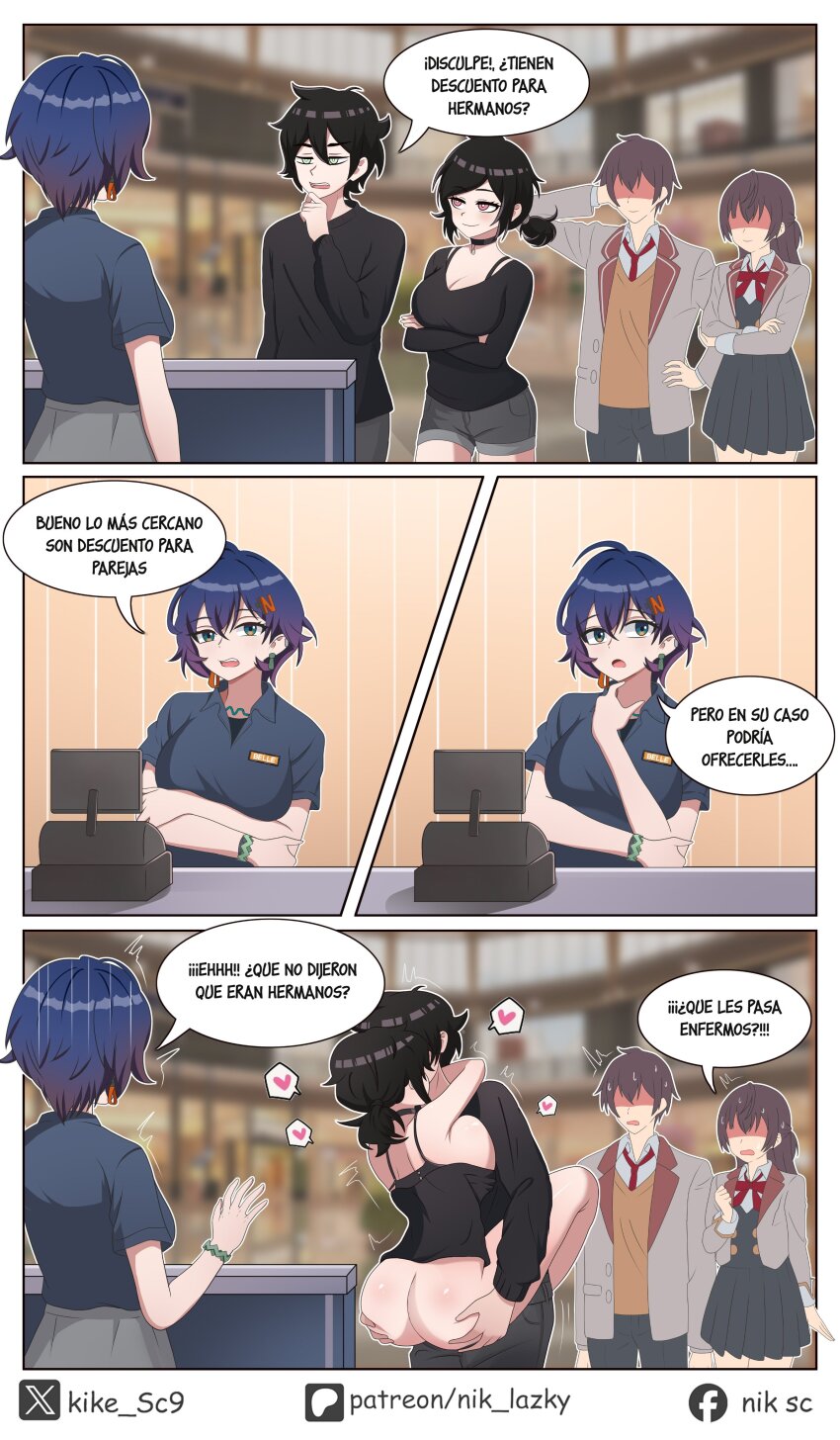 andrew_graves ashley_graves belle_(zenless_zone_zero) black_hair blue_hair bottomless brother_and_sister choker crop_top green_eyes incest pink_eyes public_indecency short_hair siblings the_coffin_of_andy_and_leyley zenless_zone_zero