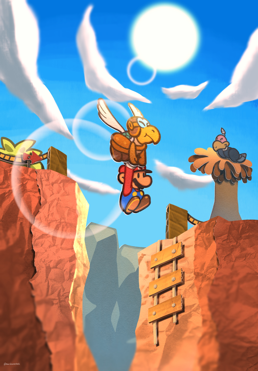 1other 2boys bird blue_sky bridge bush buzzar_(paper_mario) carrying carrying_person cliff cloud desert facial_hair hat highres maribou_(supermaribou) mario mario_(series) multiple_boys mustache nest nintendo outdoors overalls paper_mario paper_mario_64 parakarry rope_bridge shoes sign sky sun wings