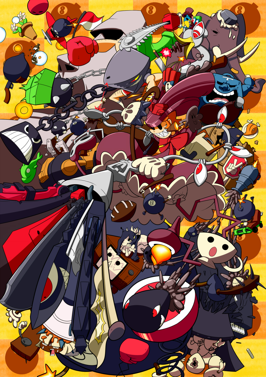 3girls 5boys absurdres aircraft airplane american_football andy_anvil avery_(skullgirls) ball bird black_eyes black_hair blush bomb boxing_gloves brass_knuckles breasts cannon car chainsaw chicken cigar cleavage cup double_(skullgirls) dress dynamite elephant explosive filia_(skullgirls) fish food frown futakuchi-onna george_the_bomb gloves gradius grin gun hair_over_one_eye handgun hat highres instrument jojo_no_kimyou_na_bouken knife kuchibashi_(9180) large_breasts lenny_the_bomb long_hair md5_mismatch mechanical_arms money motor_vehicle ms._fortune_(skullgirls) multiple_boys multiple_girls niconico open_clothes open_shirt orange_background orange_hair parody peacock_(skullgirls) piano pie pink_eyes pistol prehensile_hair red_eyes refrigerator revolver ribbon safe_(container) samson_(skullgirls) shirt simple_background skullgirls smile smoke spring_(object) steamroller sword teacup teeth television tetris the_ring tommy_ten-tons top_hat weapon