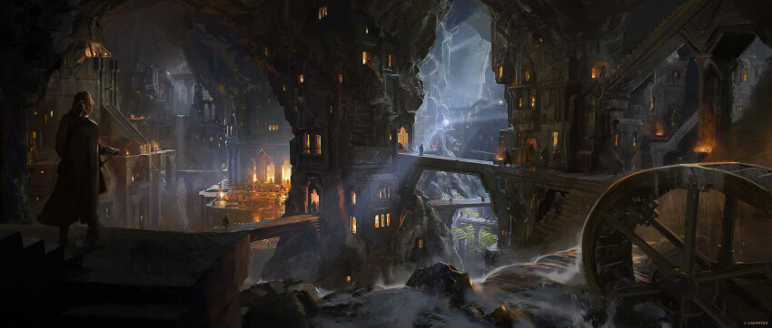 absurdres bridge cave city city_lights cloak dwarf fantasy from_behind hand_on_hilt highres khazad-dum mine_(place) multiple_boys official_art renart rings_of_power river scenery stairs tolkien&#039;s_legendarium underground water_wheel watermark