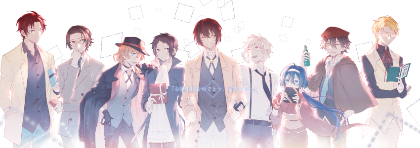 1girl 6+boys absurdres adjusting_eyewear ahoge akutagawa_ryuunosuke_(bungou_stray_dogs) ascot bandaged_arm bandages belt beret black_belt black_gloves black_hair black_hat black_jacket black_necktie black_pants black_shirt black_vest blonde_hair blue_eyes blue_hair blue_necktie book bottle box brown_capelet brown_coat brown_hair bungou_stray_dogs buttons capelet closed_eyes coat collared_shirt covering_own_mouth dazai_osamu_(bungou_stray_dogs) double-breasted edogawa_ranpo_(bungou_stray_dogs) fedora fingerless_gloves formal_clothes gift gift_box glasses gloves gradient_hair grey_eyes grey_jacket grey_vest grin hair_between_eyes hairband hand_in_pocket happy_birthday hat highres holding holding_book holding_bottle holding_box holding_gift huge_ahoge izumi_kyouka_(bungou_stray_dogs) jacket jacket_on_shoulders japanese_clothes kimono kunikida_doppo_(bungou_stray_dogs) locked_arms long_hair long_sleeves looking_at_another looking_at_viewer looking_to_the_side low_twintails medium_hair multicolored_hair multiple_boys nakahara_chuuya_(bungou_stray_dogs) nakajima_atsushi_(bungou_stray_dogs) neck_ribbon necktie obi oda_sakunosuke_(bungou_stray_dogs) one_eye_closed orange_hair orz1016 pants pink_kimono pink_sash ramune red_hair red_hat red_ribbon ribbon sakaguchi_ango sash shirt short_hair simple_background smile suit suspenders twintails vest white_ascot white_background white_hair white_hairband white_pants white_shirt white_vest wide_sleeves
