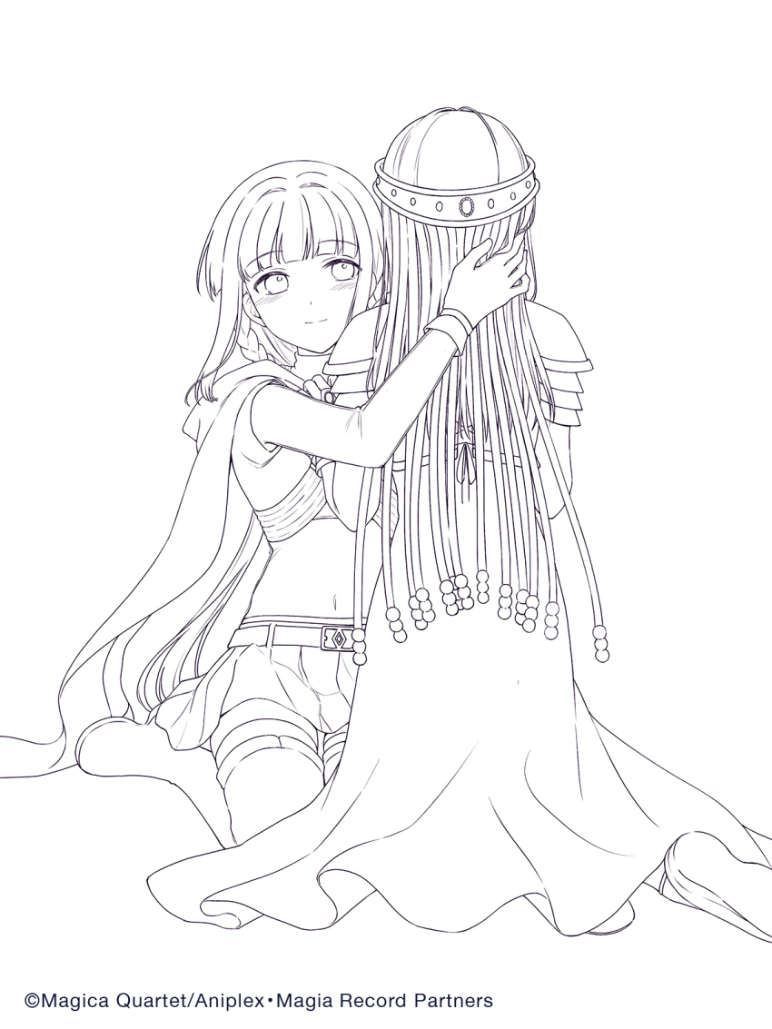 2girls armor beads belt bike_shorts bike_shorts_under_skirt blunt_bangs boots braid breastplate cloak closed_mouth commentary_request copyright_notice crop_top dot_nose dress from_behind fuji_fujino gloves greyscale hand_on_another&#039;s_head highres hood hood_down hooded_cloak hug lineart long_dress long_hair long_sleeves looking_at_another low_ponytail magia_record:_mahou_shoujo_madoka_magica_gaiden magical_girl mahou_shoujo_madoka_magica midriff miniskirt monochrome multiple_girls nanami_yachiyo navel official_art platform_footwear pleated_skirt ponytail ribbon sandals shirt shorts shorts_under_skirt side_braids sidelocks sitting skirt sky smile tamaki_iroha thigh_boots turtleneck turtleneck_crop_top twin_braids veil very_long_hair