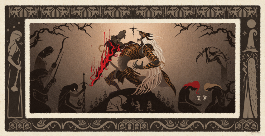 armor aura axe black_armor black_blade_kindred black_fire black_gemstone black_knife_(elden_ring) black_knife_assassin blonde_hair chain crucible_knight dark_aura death_root dog_boy dragon dragon_horns dragon_wings elden_ring feathered_wings fire full_moon furry furry_male gargoyle gem gloam-eyed_queen godskin_apostle godskin_noble godwyn_the_golden gold_armor gold_chain gurranq_beast_clergyman hammer hat highres holding holding_axe holding_hammer holding_lightning_bolt holding_polearm holding_sword holding_weapon hooded_robe horns huge_weapon instagram_username jewelry leonine_misbegotten lightning long_hair long_neck lunar_princess_ranni maliketh_the_black_blade moon multiple_hands painting_(medium) polearm queen_marika_the_eternal ranni_the_witch red_hair roaring robe rune_of_death sickle star_(symbol) sword tail tarnished_(elden_ring) traditional_media tyranosaure weapon white_hair wings witch_hat