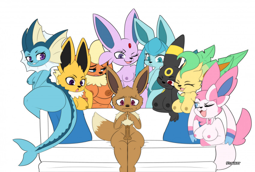 1boy black_skin blue_eyes blue_skin breasts closed_eyes colored_skin couch curvy dark-skinned_male dark_skin eevee espeon flareon furry gen_1_pokemon gen_2_pokemon gen_4_pokemon gen_6_pokemon glaceon humanization i_am_kat95 jolteon leafeon looking_at_another looking_at_viewer multiple_girls nervous nintendo one_eye_closed orange_skin penis pink_skin pokemon purple_eyes purple_skin red_eyes seductive_smile smile sylveon tail umbreon vaporeon white_background yellow_skin