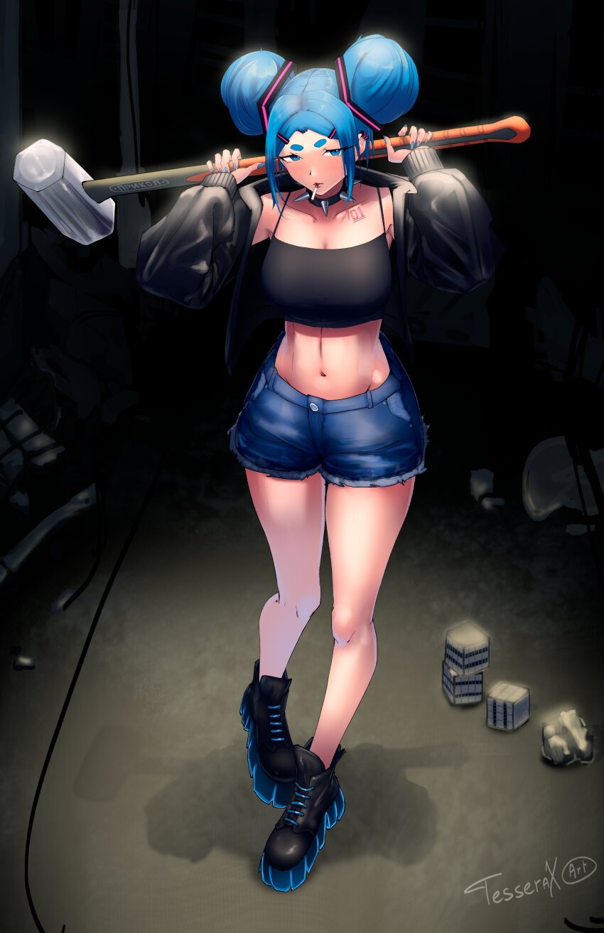 1girl absurdres alternate_costume black_footwear blue_hair breasts collar denim denim_shorts double_bun hair_bun hammer hatsune_miku highres shorts sledgehammer solo spiked_collar spikes tesserax_art
