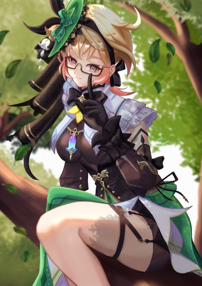 1girl black-framed_eyewear black_bow black_bowtie black_corset black_gloves blonde_hair blurry blurry_background bow bowtie breast_curtains closed_mouth commentary_request corset cowlick detached_sleeves emilie_(genshin_impact) fascinator genshin_impact glasses gloves green_hat hat highres in_tree index_finger_raised kazuki_(kazuki_01) leaf outdoors pink_eyes semi-rimless_eyewear sitting sitting_in_tree solo tree