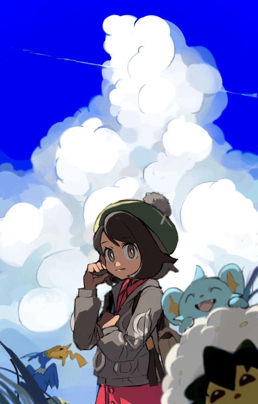 1girl blue_sky bright_pupils brown_bag brown_eyes brown_hair cardigan closed_mouth cloud collared_dress contrail cramorant day dress eldegoss gen_1_pokemon gen_4_pokemon gen_8_pokemon gloria_(pokemon) green_hat grey_cardigan hat highres long_sleeves nintendo outdoors pikachu pokemon pokemon_(creature) pokemon_swsh red_dress shichibee_(stm_mimi) shinx short_hair sky tam_o&#039;_shanter white_pupils