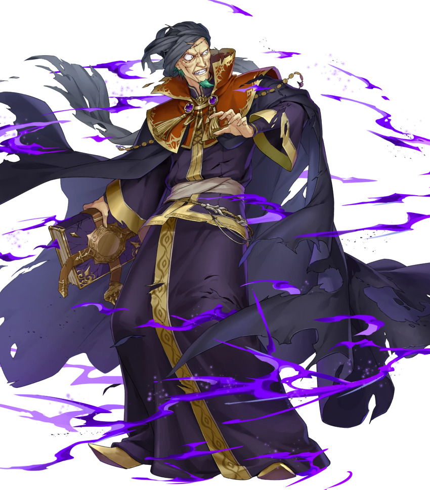 1boy beard black_robe black_turban book clenched_teeth damaged facial_hair fire_emblem fire_emblem:_the_blazing_blade fire_emblem_heroes grey_hair highres holding holding_book nergal_(fire_emblem) nintendo non-web_source official_art old old_man robe scar solo teeth torn_clothes torn_robe turban
