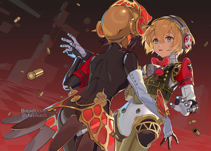 2girls aigis_(persona) android armband black_hair blonde_hair blue_eyes bullet commentary_request favilia hairband helmet highres holding_hands joints looking_at_another metis_(persona) multiple_girls persona persona_3 persona_3_reload persona_3_the_answer red_armband red_background robot_ears robot_joints short_hair twitter_username