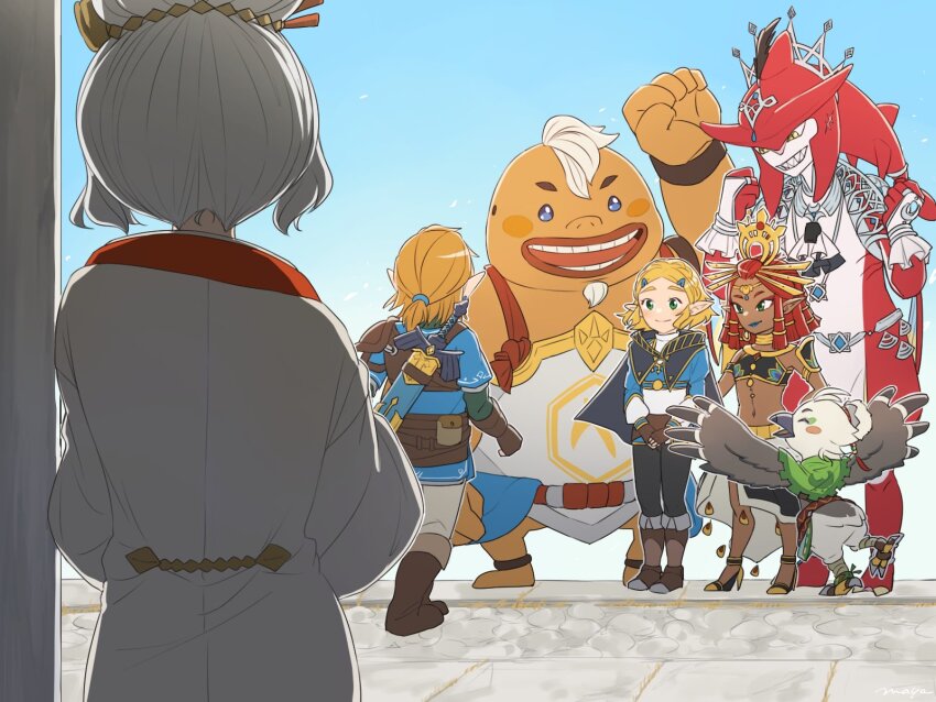 3girls 4boys arm_up armor bird_boy black_cape black_pants blonde_hair blue_tunic blush_stickers bob_cut boots braid brown_footwear brown_gloves cape champion&#039;s_tunic_(zelda) clenched_hand coat commentary_request crown_braid dark-skinned_female dark_skin fish_boy from_behind gerudo gloves goron grey_pants grin hair_ornament hairclip height_difference highres layered_sleeves link long_sleeves looking_at_another master_sword maya_(mayamayammy) midriff multiple_boys multiple_girls navel nintendo open_mouth own_hands_together pants pointy_ears ponytail princess_zelda purah riju rito sharp_teeth short_hair short_over_long_sleeves short_ponytail short_sleeves shoulder_armor sidon smile standing sword sword_on_back teeth the_legend_of_zelda the_legend_of_zelda:_tears_of_the_kingdom tulin_(zelda) tunic walking weapon weapon_on_back white_coat white_hair yunobo zora