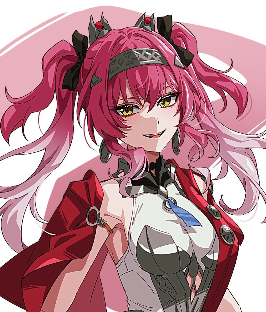 1girl armor bare_shoulders black_bow bow breastplate breasts collar commentary_request earrings gradient_hair hair_bow hair_ornament hairband headgear highres jewelry long_hair looking_at_viewer lupa_(wuthering_waves) medium_breasts metal_collar metal_hairband multicolored_hair multiple_hair_bows open_mouth pink_hair pochimaru_(marumaru_wanwan) red_sash sash simple_background smile solo twintails white_background wuthering_waves yellow_eyes