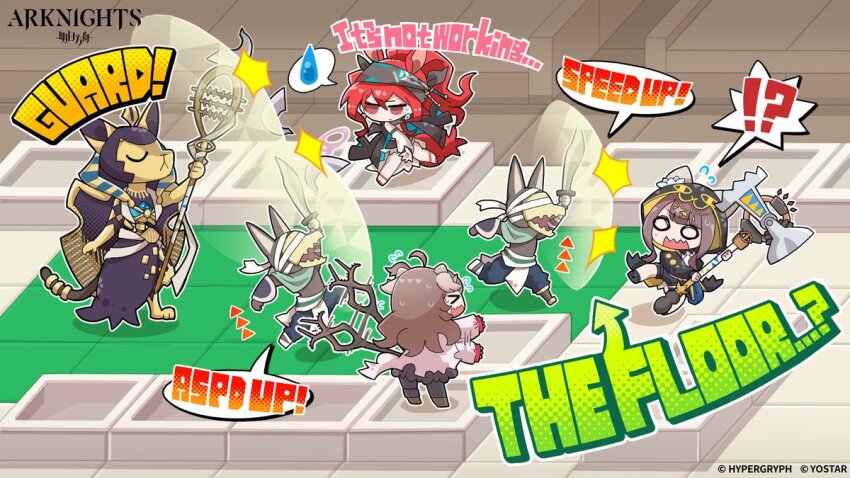 !? 3girls animal_ear_hood arknights artist_request blue_eyes cat_boy chibi commentary copyright_name energy_barrier english_commentary english_text eyjafjalla_(arknights) fake_animal_ears flying_sweatdrops gameplay_mechanics glint hammer holding holding_hammer holding_sword holding_weapon hood multiple_girls narantuya_(arknights) nervous_sweating official_art pepe_(arknights) scimitar second-party_source spoken_sweatdrop sweat sweatdrop sword waving_arms weapon yellow_eyes zubayr_(arknights)