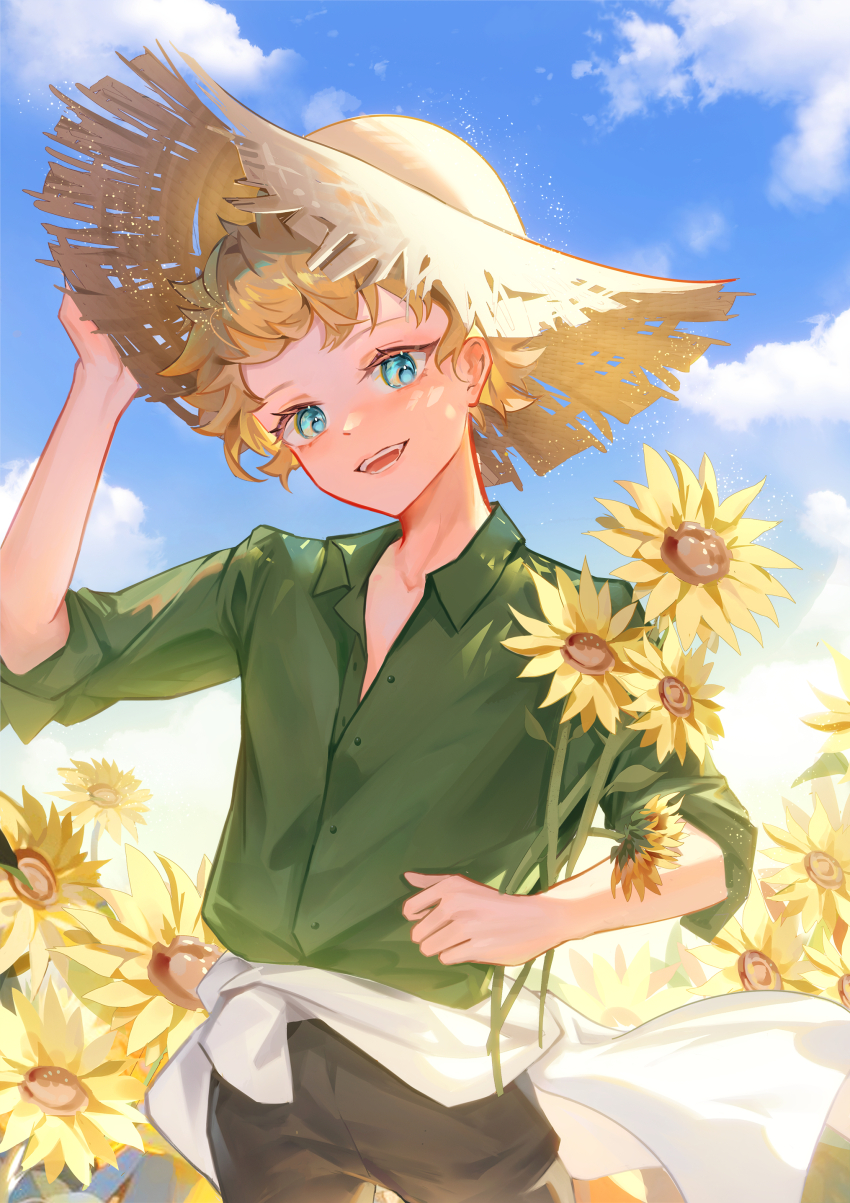 1boy absurdres animification benpetry96 blonde_hair blue_eyes clothes_around_waist collared_shirt commentary_request day field flower flower_field hand_on_headwear hand_up hat highres holding holding_flower jacket jacket_around_waist looking_at_viewer male_focus open_mouth outdoors shirt short_hair sky sleeves_rolled_up smile solo south_park straw_hat sun sunflower sunflower_field tweek_tweak