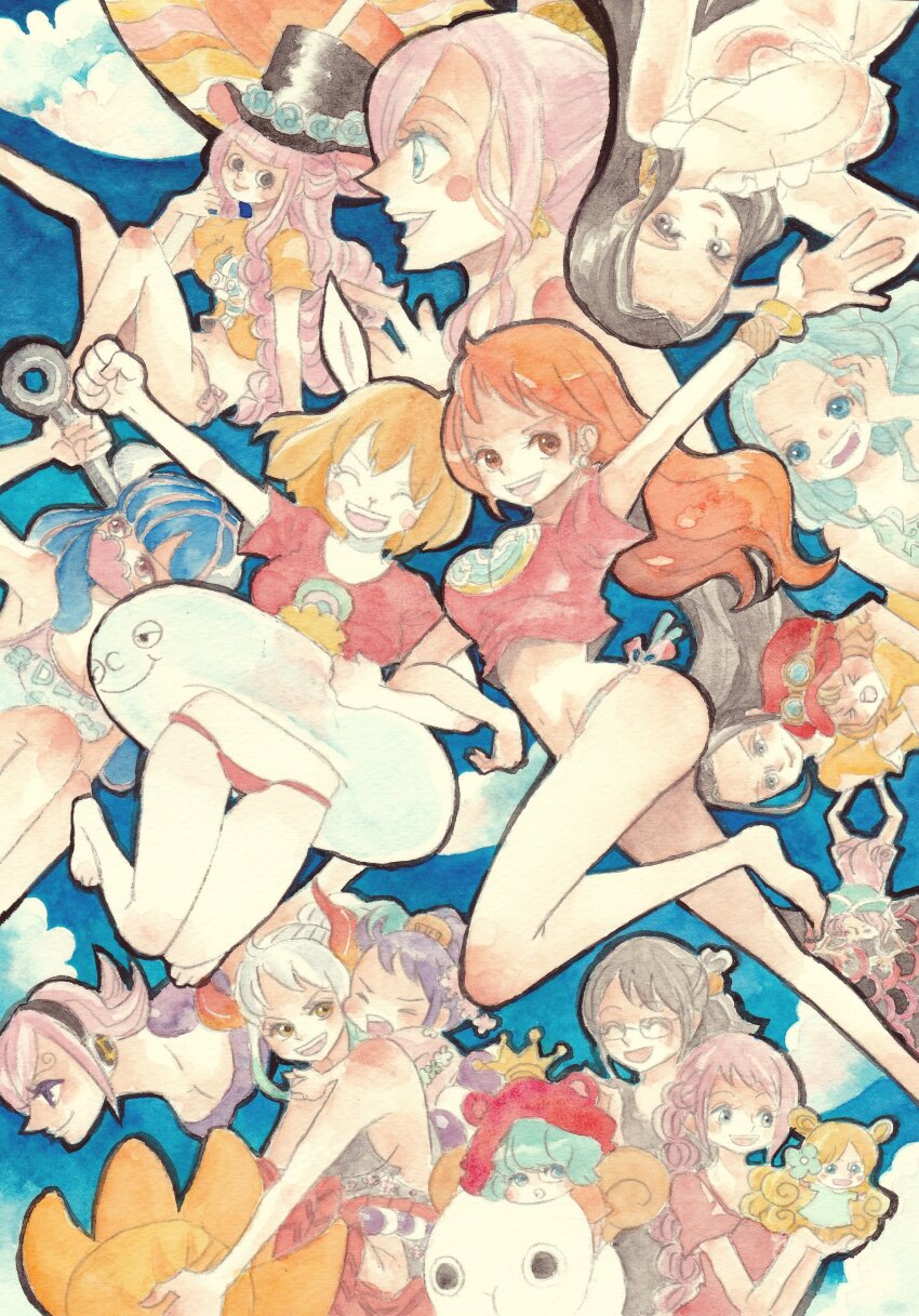 6+girls ^_^ absurdres arm_up bikini blue_hair boa_hancock bracelet braid braided_ponytail carrot_(one_piece) closed_eyes commentary_request earrings eating fish glasses goggles goggles_on_headwear going_merry half_updo hat highres holding holding_mini_person holding_weapon horns hug innertube jewelry jewelry_bonney koala_(one_piece) kurozumi_tama light_blue_hair looking_ahead looking_at_viewer looking_to_the_side mansherry_(one_piece) mask mini_person mouth_mask multiple_girls nami_(one_piece) nami_(one_piece)_(weather_queen) nefertari_vivi nico_robin one_piece orange_hair painting_(medium) perona pink_hair ponytail profile rabbit_girl rebecca_(one_piece) red_shirt shell shell_earrings shirahoshi shirt sky smile sugar_(one_piece) swim_ring swimsuit tashigi top_hat traditional_media ulti_(one_piece) vinsmoke_reiju watercolor_(medium) waving weapon yachiy0 yamato_(one_piece)