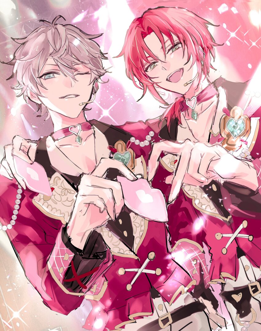 2boys four-finger_heart_hands absurdres arm_on_another&#039;s_shoulder blue_eyes brooch choker ensemble_stars! fm6fu4w94 green_eyes grey_hair heart heart_choker heart_hands heart_hands_duo highres jacket jewelry light_particles light_rays looking_at_viewer male_focus medium_hair microphone multiple_boys official_alternate_costume one_eye_closed orange_hair parted_lips pink_choker pink_jacket pink_vest sena_izumi_(ensemble_stars!) short_hair smile stage_lights tsukinaga_leo vest