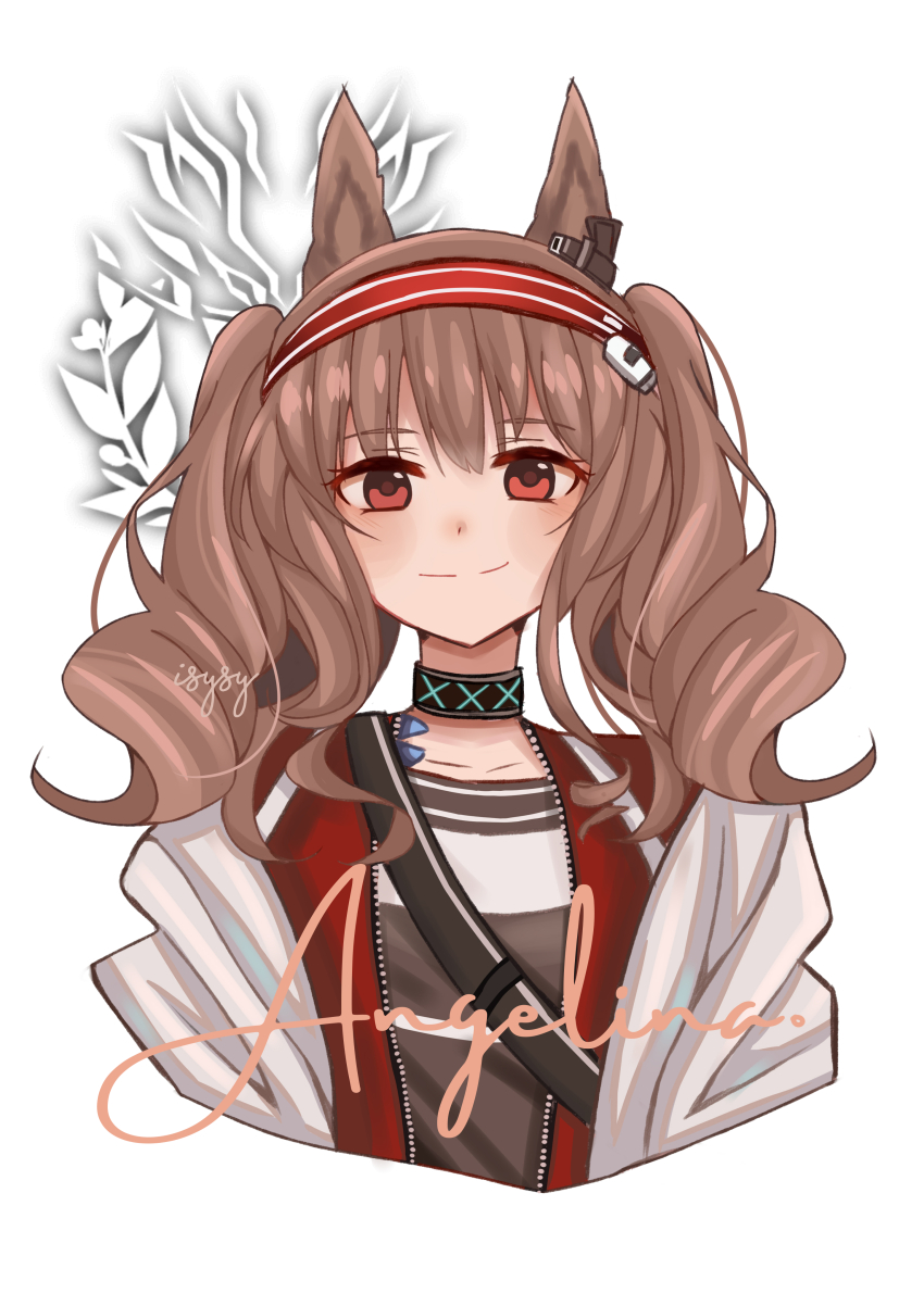 1girl absurdres angelina_(arknights) animal_ears arknights artist_name blush brown_hair character_name coat collarbone commentary cropped_torso dot_nose drill_hair earpiece english_commentary fox_ears fox_girl hairband highres infection_monitor_(arknights) isysy jacket long_hair looking_at_viewer material_growth open_clothes open_coat oripathy_lesion_(arknights) outline painttool_sai_(medium) red_eyes red_hairband red_jacket simple_background smile solo split_mouth striped_clothes striped_hairband twin_drills unzipped upper_body white_background white_coat