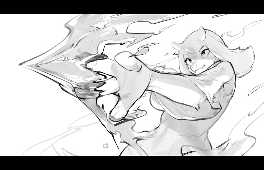 1girl 3gs animal_ears arms_up attack aura body_fur breasts closed_mouth covered_navel energy fangs female_focus fighting_stance furry furry_female goat_ears goat_girl goat_tail greyscale highres jujutsu_kaisen large_breasts leaning_back letterboxed long_sleeves looking_afar mature_female monochrome outstretched_arm ryoumen_sukuna_(jujutsu_kaisen) serious shaded_face simple_background sketch skin_fangs snout solo standing toriel undertale upper_body white_background wide_sleeves
