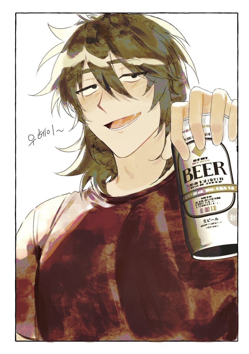 1boy absurdres beer_can black_eyes blush border brown_hair can commentary_request drink_can fang gogugogu45 highres holding holding_can isoi_reiji korean_commentary male_focus open_mouth red_shirt saibou_shinkyoku sanpaku shirt short_hair simple_background smile solo upper_body white_background white_border