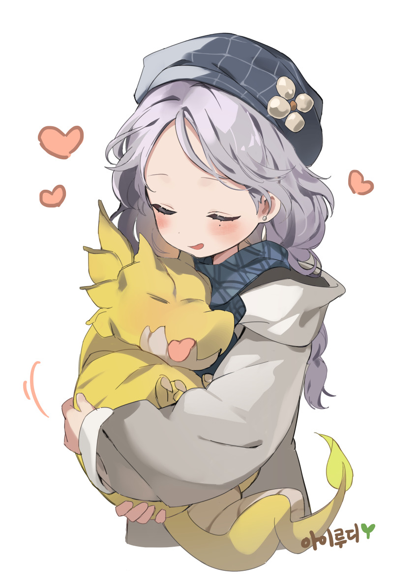 1girl absurdres animal baby blue_hat blue_scarf blush braid braided_ponytail closed_eyes coat commentary dragon earrings flame-tipped_tail flower_hat grey_hair harry_potter:_magic_awakened harry_potter:_magic_awakened_design_award harry_potter_(series) hat heart highres holding holding_animal hug jewelry korean_text long_hair open_mouth original scarf smile tongue tongue_out translation_request user_njxs7334 white_background white_coat wizarding_world