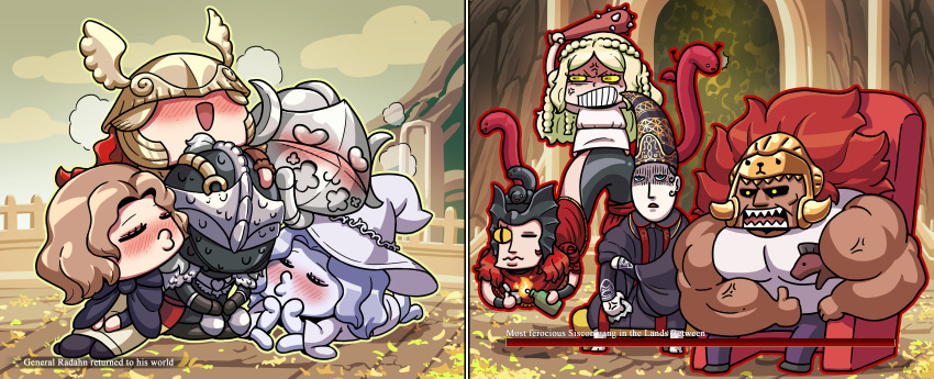 1other 3girls 5boys absurdres ambiguous_gender anger_vein animal armor black_cape black_hat black_robe blonde_hair bloody_wolf_(elden_ring) blue_hair blue_skin blush brother_and_sister brown_hair cape chibi closed_eyes colored_sclera colored_skin commentary dark-skinned_male dark_skin dress elden_ring elden_ring:_shadow_of_the_erdtree english_commentary english_text full_armor gameplay_mechanics harem hat health_bar heart heart-shaped_pupils helmet highres holding holding_weapon kiss large_hat long_hair malenia_blade_of_miquella melina_(elden_ring) messmer_the_impaler miquella_(elden_ring) miraiyasha mother_and_daughter multiple_boys multiple_girls muscular muscular_male one_eye_closed ranni_the_witch red_eyes red_snake rellana_twin_moon_knight rennala_queen_of_the_full_moon riyo_(lyomsnpmp)_(style) robe short_hair siblings sisters slit_pupils snake starscourge_radahn sweat symbol-shaped_pupils tarnished_(elden_ring) tunic twins wavy_hair weapon white_dress white_hat white_tunic winged_helmet witch witch_hat wizard_hat yellow_eyes yellow_sclera