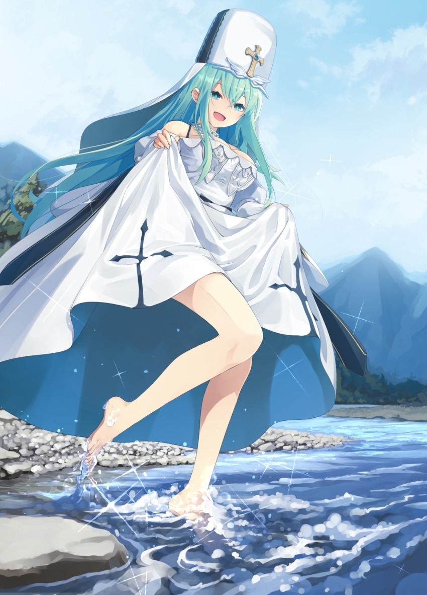 1girl :d alka_lu_nike_hydride barefoot blue_eyes breasts commentary_request cross dress full_body green_hair hair_between_eyes hat highres lazy_dungeon_master long_hair mitre mountain nanaroku_(fortress76) off-shoulder_dress off_shoulder open_mouth outdoors river skirt_hold smile solo standing standing_on_one_leg wading water white_hat