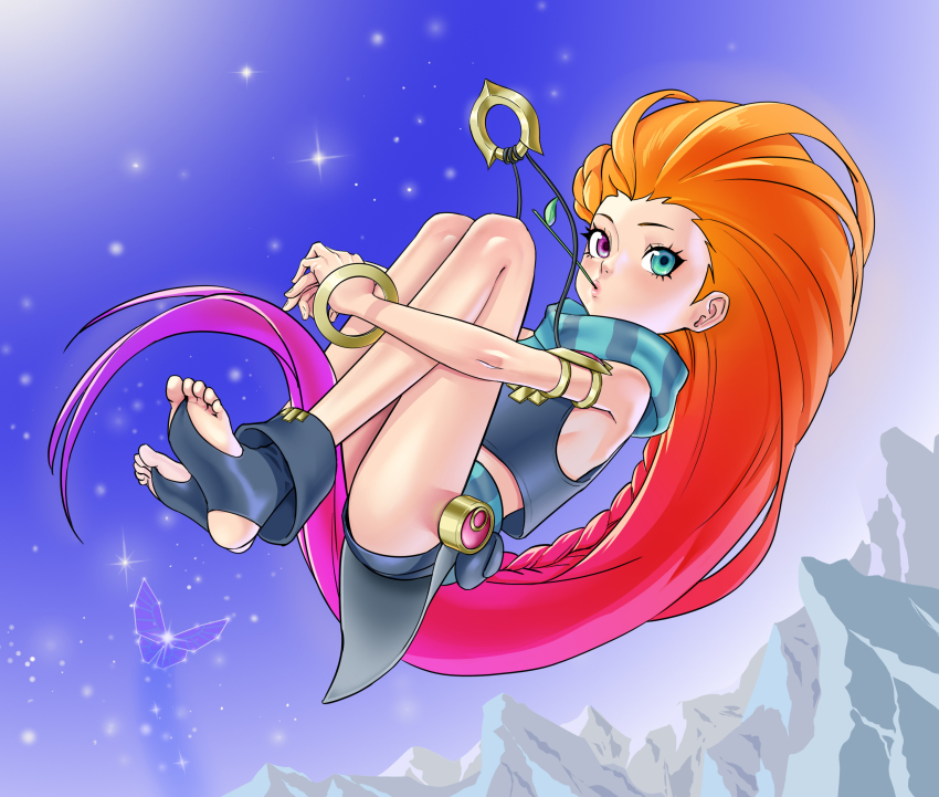 1girl absurdres bare_shoulders bracelet braid flat_chest green_eyes heterochromia highres jewelry league_of_legends long_hair multicolored_hair orange_hair purple_eyes purple_hair rusher08 shiny_skin shorts solo toeless_socks very_long_hair zoe_(league_of_legends)