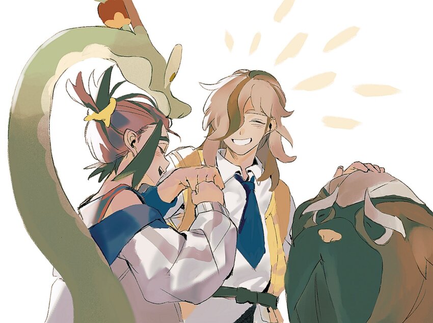 2boys arven_(pokemon) black_hair blue_necktie blush closed_eyes collared_shirt fist_bump grey_hair grin hair_over_one_eye hydrapple jacket kieran_(pokemon) long_sleeves mabosstiff male_focus multicolored_hair multiple_boys necktie nintendo open_mouth pokemon pokemon_(creature) pokemon_sv purple_hair shirt simple_background smile ss_un17 vest white_background white_jacket white_shirt yellow_vest