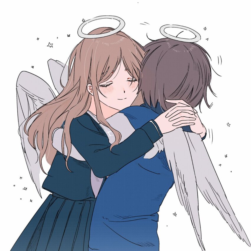 2girls bang_dream! bang_dream!_it&#039;s_mygo!!!!! blush feathered_wings halo highres hug jacket multiple_girls nagasaki_soyo reiboubyou school_uniform shirt smile takamatsu_tomori tsukinomori_school_uniform white_background wings