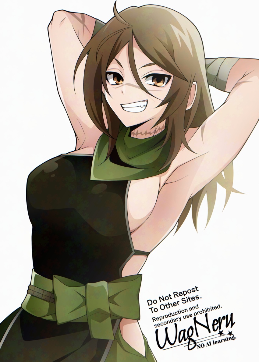 1girl ahoge armpits arms_behind_head arms_up bandaged_arm bandages bare_shoulders black_shirt blush breasts brown_eyes brown_hair fate/grand_order fate_(series) green_pants green_scarf grin hair_between_eyes highres hip_vent large_breasts looking_at_viewer medium_hair obi pants parted_bangs pelvic_curtain sash scar scar_on_face scar_on_neck scar_on_nose scarf shirt sideboob sideless_outfit smile solo sugitani_zenjubou_(fate) sugitani_zenjubou_(third_ascension)_(fate) wagu_neru
