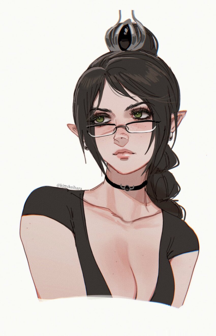 1girl baldur&#039;s_gate baldur&#039;s_gate_3 bespectacled black_choker black_hair black_shirt breasts choker cleavage closed_mouth cropped_torso earrings glasses green_eyes hair_ornament highres jewelry kitty_keihara large_breasts long_hair pointy_ears semi-rimless_eyewear shadowheart_(baldur&#039;s_gate) shirt short_sleeves sideways_glance simple_background solo upper_body white_background