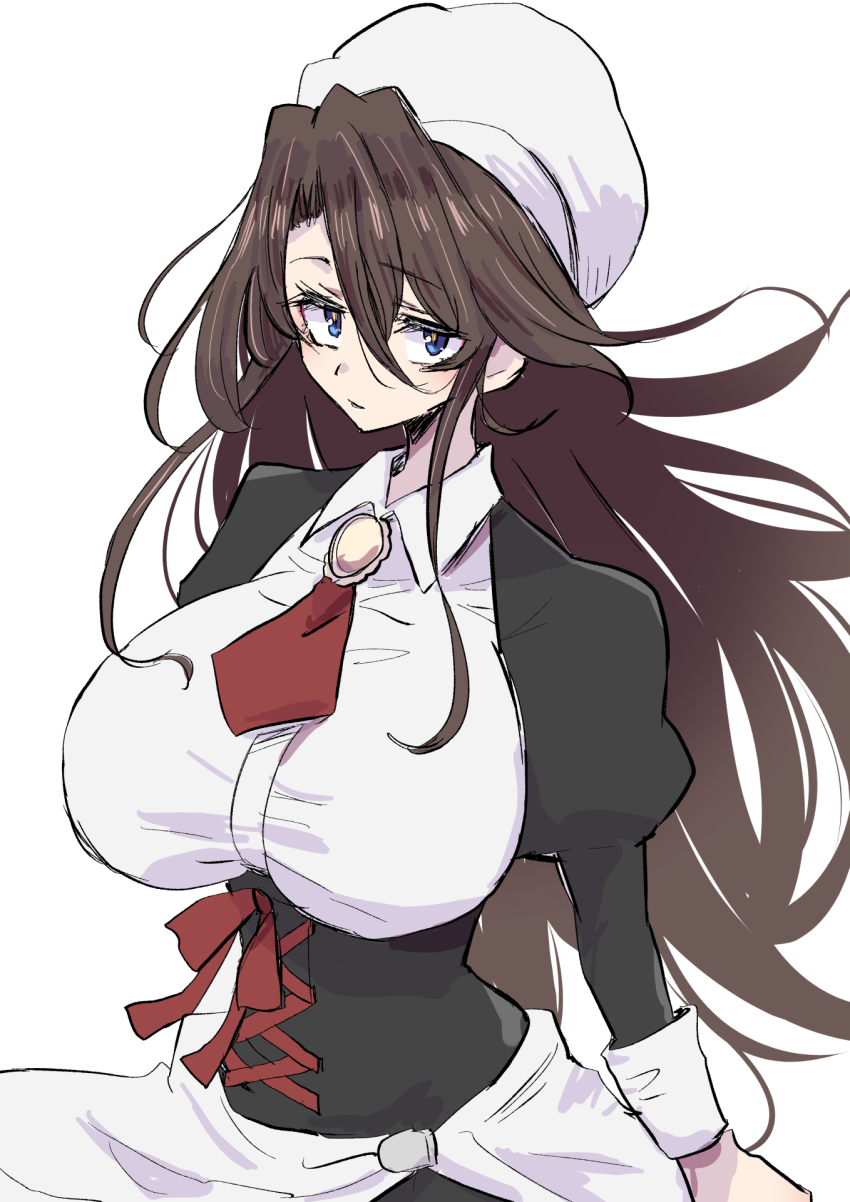 1girl alternate_hairstyle blue_eyes breasts brown_hair closed_mouth expressionless hair_between_eyes highres large_breasts long28 long_hair looking_at_viewer maid shannon_(umineko) sidelocks simple_background solo umineko_no_naku_koro_ni upper_body white_background