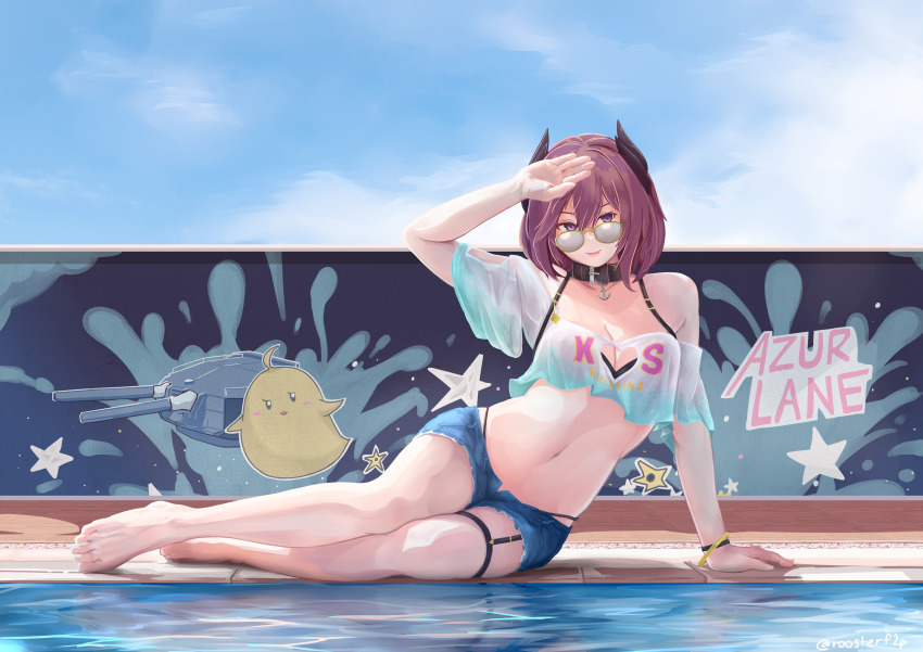 1girl absurdres anchor_collar arm_support azur_lane bad_id bad_pixiv_id bare_shoulders barefoot bikini bikini_under_clothes black_bikini black_horns blue_sky breasts cleavage cleavage_cutout clothes_writing clothing_cutout cloud collarbone commentary crop_top crop_top_overhang curled_horns cutoff_jeans cutoffs day eyebrows_hidden_by_hair eyewear_hang unworn_eyewear full_body garter_straps glasses groin hair_between_eyes hand_on_own_head heart_cutout highres horns kirishima_(azur_lane) kirishima_(summery_audacity)_(azur_lane) looking_at_viewer manjuu_(azur_lane) medium_breasts midriff mural navel off-shoulder_shirt off_shoulder outdoors pool poolside purple_eyes purple_hair roosterf2p shadow shirt short_hair short_shorts short_sleeves shorts sidelocks sitting sky smile solo sunglasses swimsuit thigh_strap twitter_username wall wristband yokozuwari