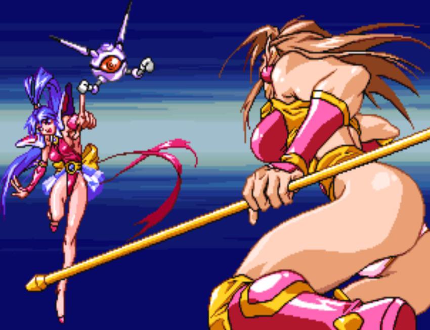 ass ball_boy battle blue_hair brown_hair choujin_gakuen_gowcaizer fighting game hishizaki_shaia_(gowcaizer) neo_geo oobari_masami panties pixel_art son_karin underwear