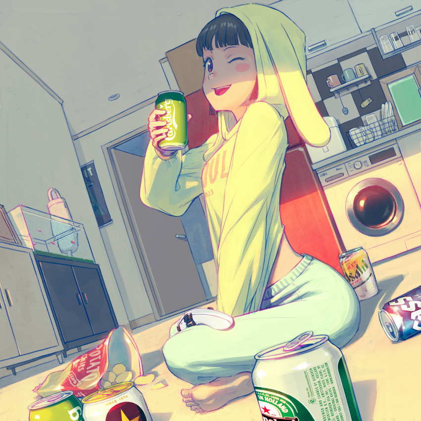 1girl absurdres alcohol animal_hood barefoot beer beer_can black_hair can chips_(food) commentary controller cup drink_can english_commentary fish_tank food game_controller highres holding holding_can hood hood_up mug muranomiro one_eye_closed open_mouth original rabbit_hood solo washing_machine